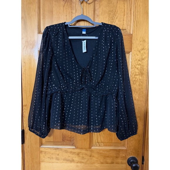 Old Navy Tops - Old Navy Womens XL Black Silver Metallic Clip Dot V-Neck Tie Peplum Blouse NWT